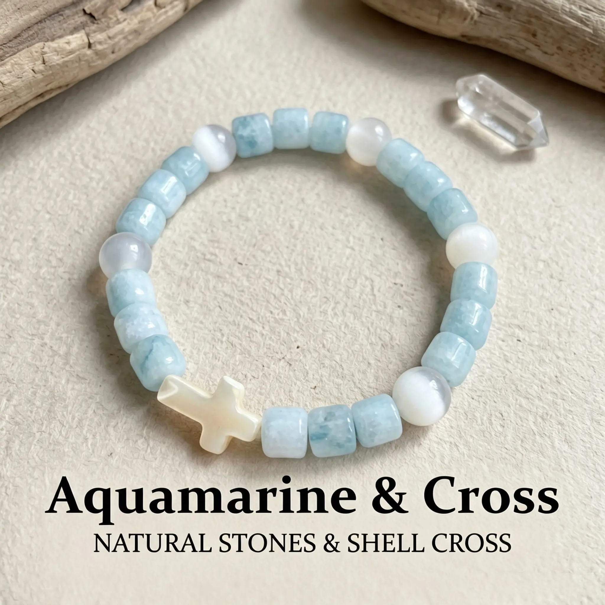 Natural Aquamarine & Cross Healing Guardian Bracelet, Crystal Clear Energy Bracelet Symbolizing Protection & Luck, March Birthstone, Gentle Style Unisex Accessory