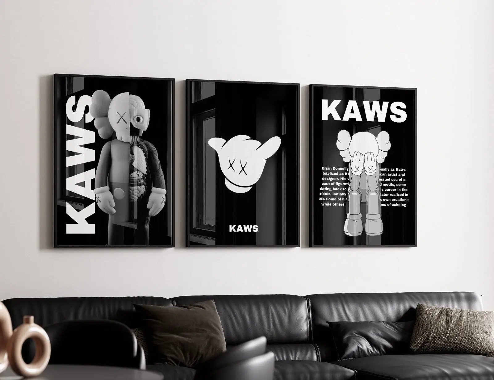 Set of 3 Kaws Exhibition Posters Grey on Black Hypebeast Figure Wall Art