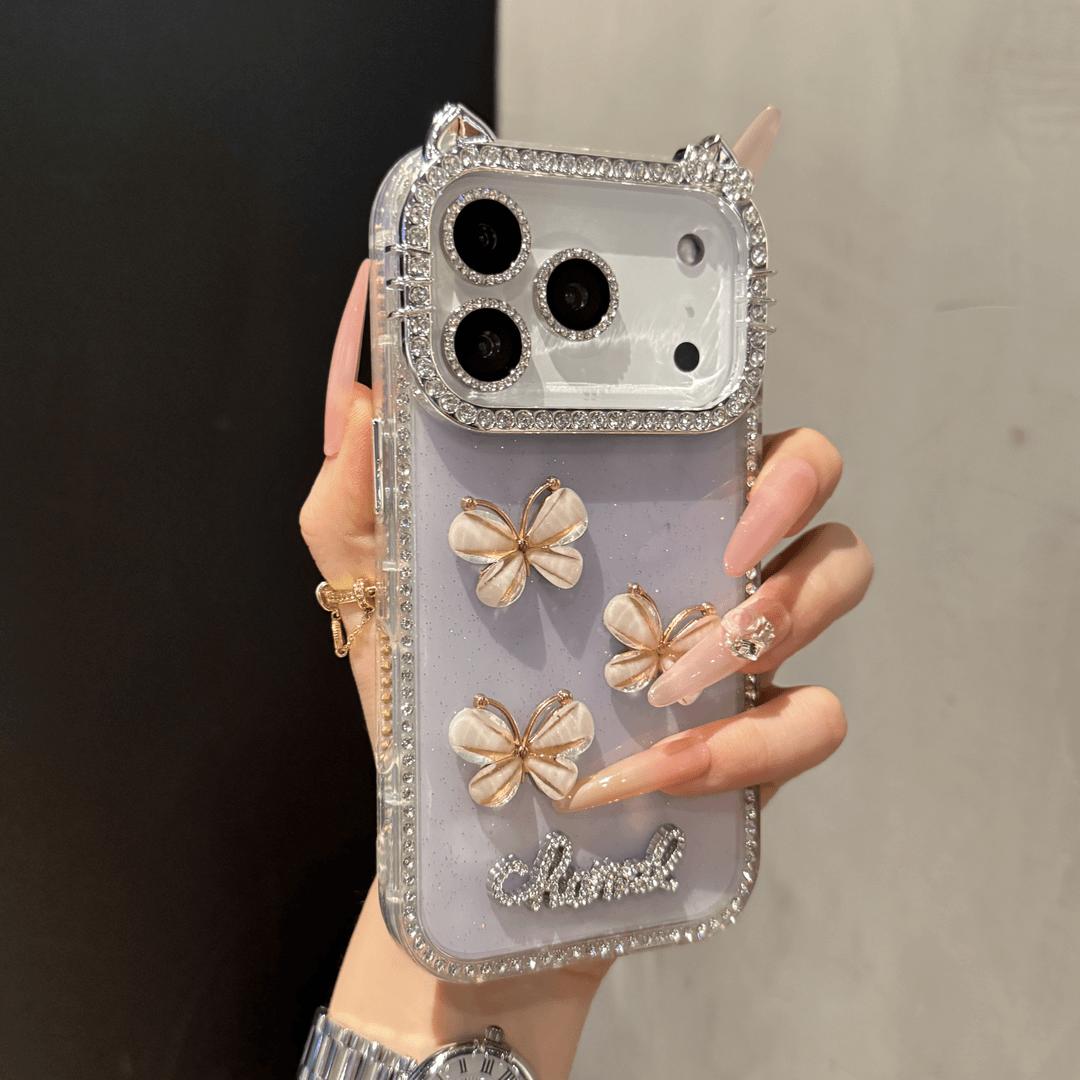 DIY Glitter Clear Phone Case with 3D Butterfly & Rhinestone Charms, Bling Cat Ear Diamond Frame Customizable Protective Cover for IP 17 PROMAX junk