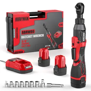 Alloyman 16V 3/8" Cordless Brushless Ratchet Wrench Set, 65FT-LBS(88N.m) Electric Ratchet, Variable Speed 400RPM, 6 Sockets, LED Light, 1/4" &1/2" Adapter,3'' extension rod,2 Batteries&Charger