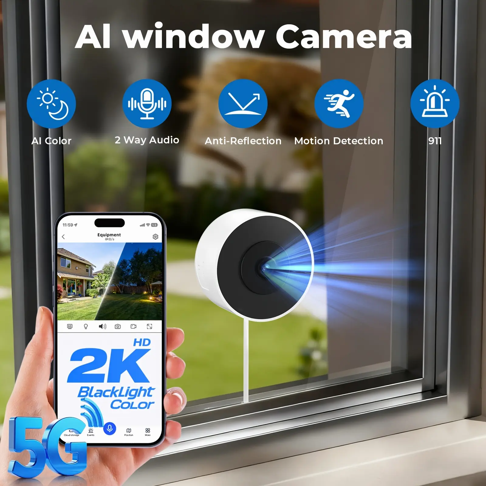 2K AI Indoor Window Security Camera, 5G WiFi with Blacklight Full-Color, U.S. Cloud Storage, 911 Emergency Dispatch, 5-Min Easy Setup, 2-Way Audio