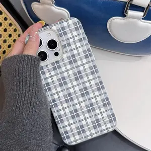 Blue White Plaid Lychee Texture Phone Case For iPhone 17 16 14 15 Plus 13 12 11 Pro Max X XR 17 Air Shockproof Silicone Cover