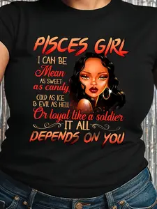 100% Cotton Pisces Print T-Shirt, Short Sleeve Crew Neck Casual Top for Summer & Spring, Women'S Clothing