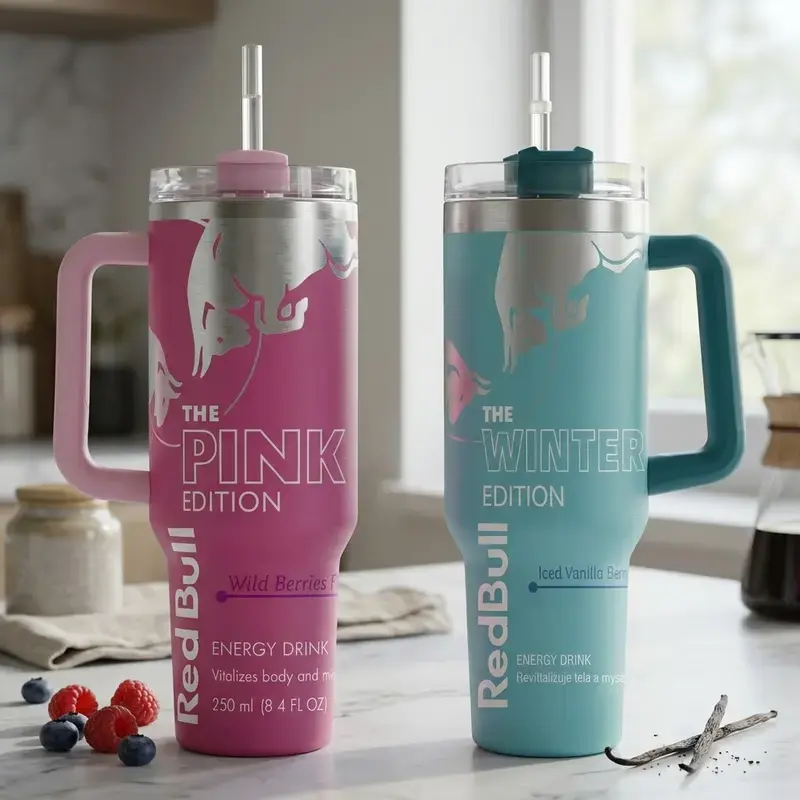 [ Gift Straw & box] Red Bull Pink, Blue & White Edition 40oz Stainless Steel Tumbler With Handle and Straw, Double Wall Vacuum Insulated Travel Mug