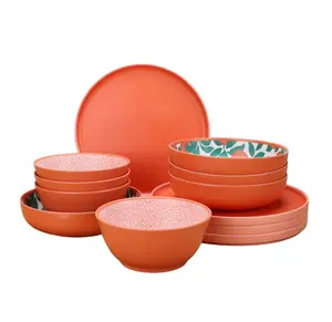 Bamboo Melamine 12-Piece Dinnerware Set, Orange & Green, Elegant Design for Home Dining