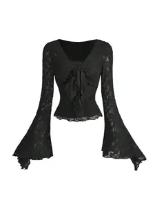 Women's Lace Bell Sleeve Top, Gothic V Neck Bow Front Shirt, Y2K Sweet Lolita Slim Fit Transparent Long Sleeve Blouse, Daily Wear & Date Night