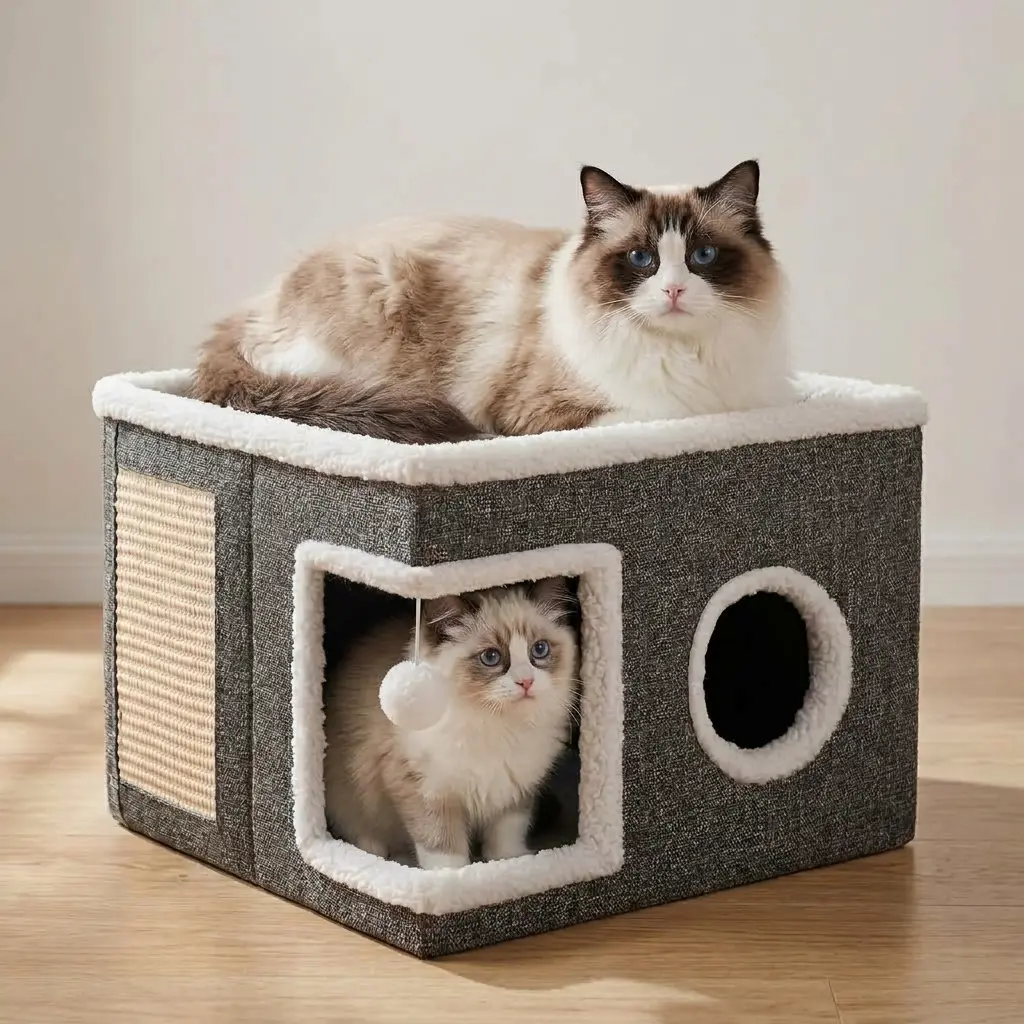 2-Tier Foldable Cat House Condo for Indoor Cats, Collapsible Large Cat Cave Bed with Scratching Board & Fluffy Ball, 2-Story Kitten Cube Ottoman for Sleep & Play