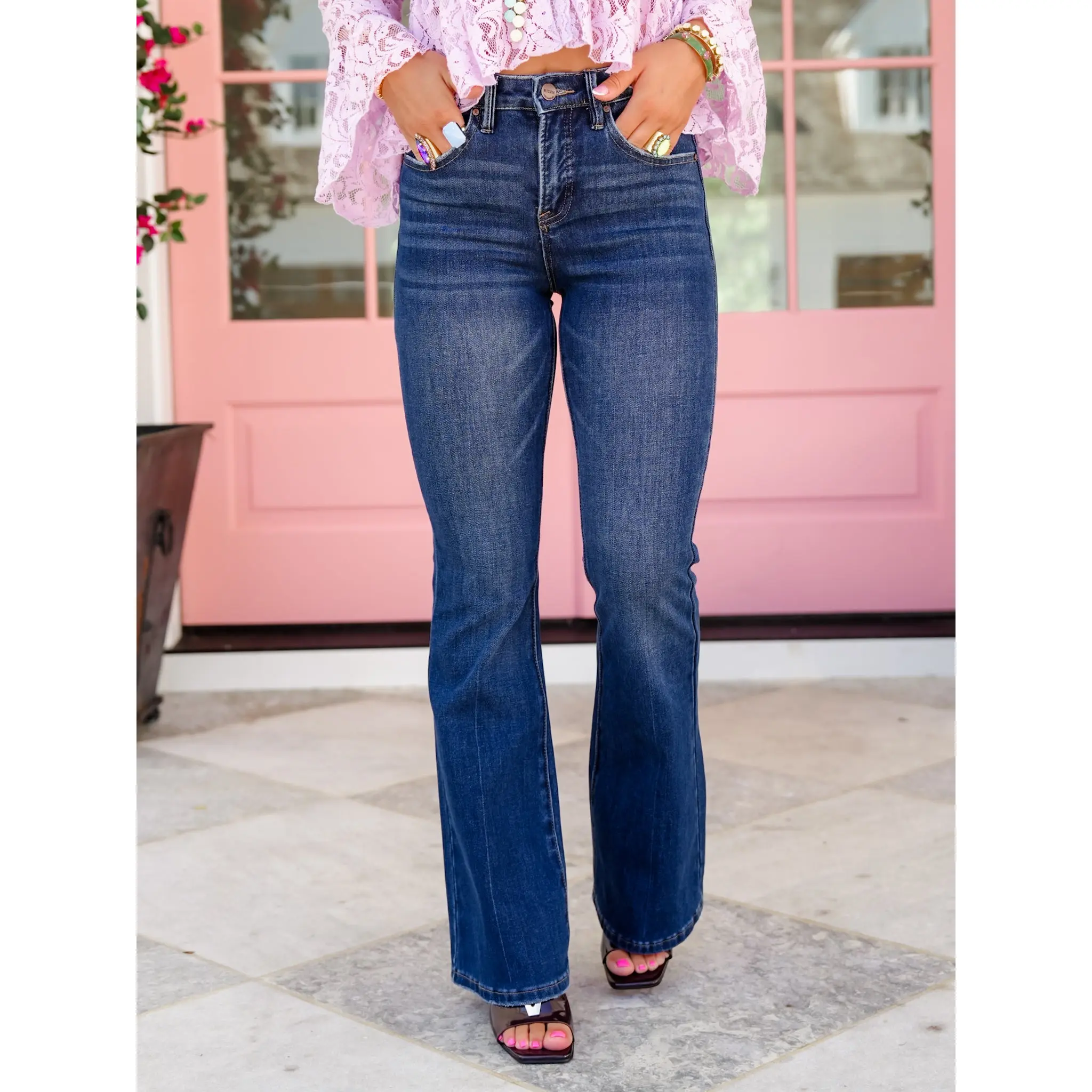 Risen High Rise Dark Wash Multi Inseam 4-Way Stretch Flare Jeans