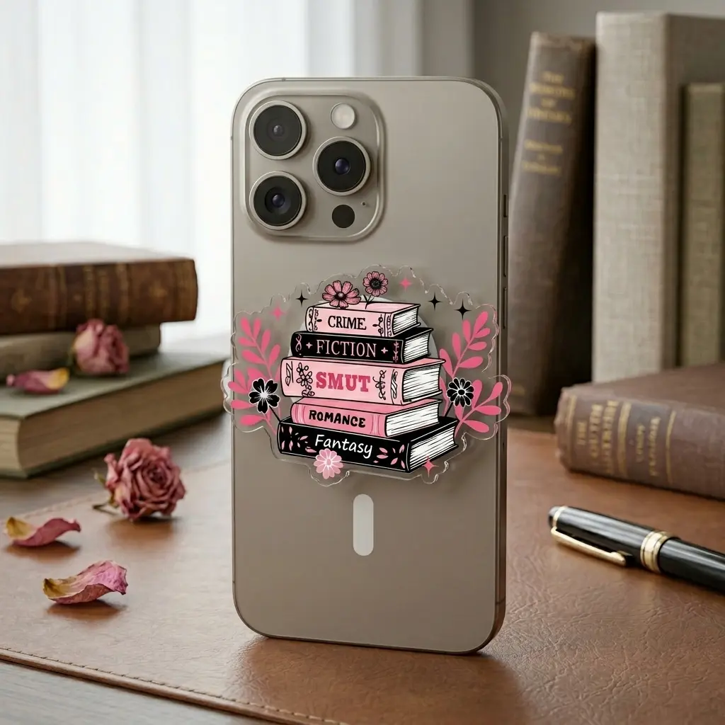 Book Lover Phone Grip, Pink Book Stack Acrylic Phone Holder Stand, Expandable Grip Compatible with iPhone, Samsung & Most Smartphones