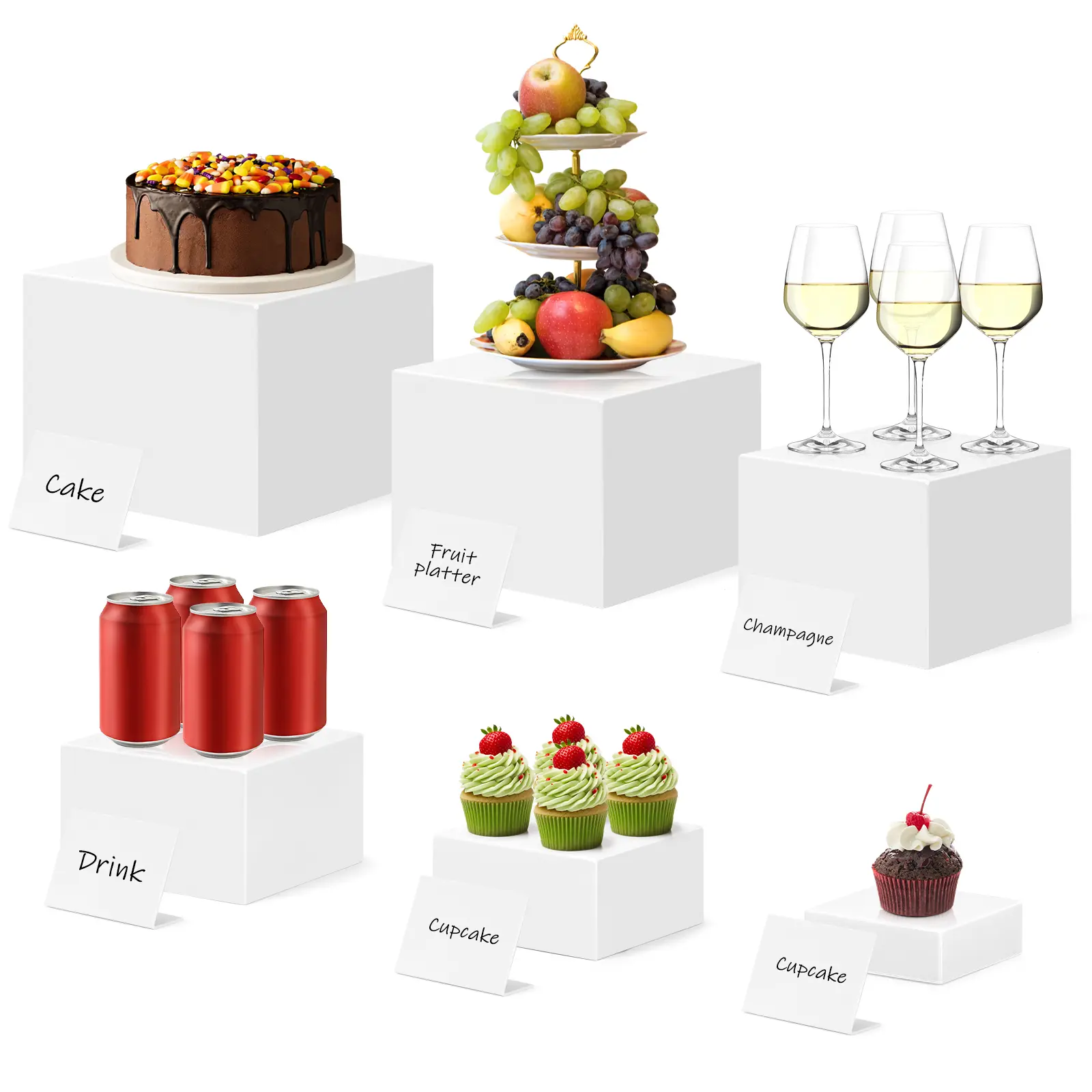 8-In White Acrylic Buffet Risers with Mini Signs - 6-Piece Tiered Shelf Display Box Stands, Home & Festive Party Decor Supplies for Dessert Table, Ceremony, All Seasons Default Use