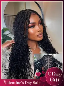 Boho Curls Box Braided Wig, 20 Inch Pre Cut Real Swiss HD Full Lace, Lightweight Synthetic Hair, Long Wigs for All Seasons