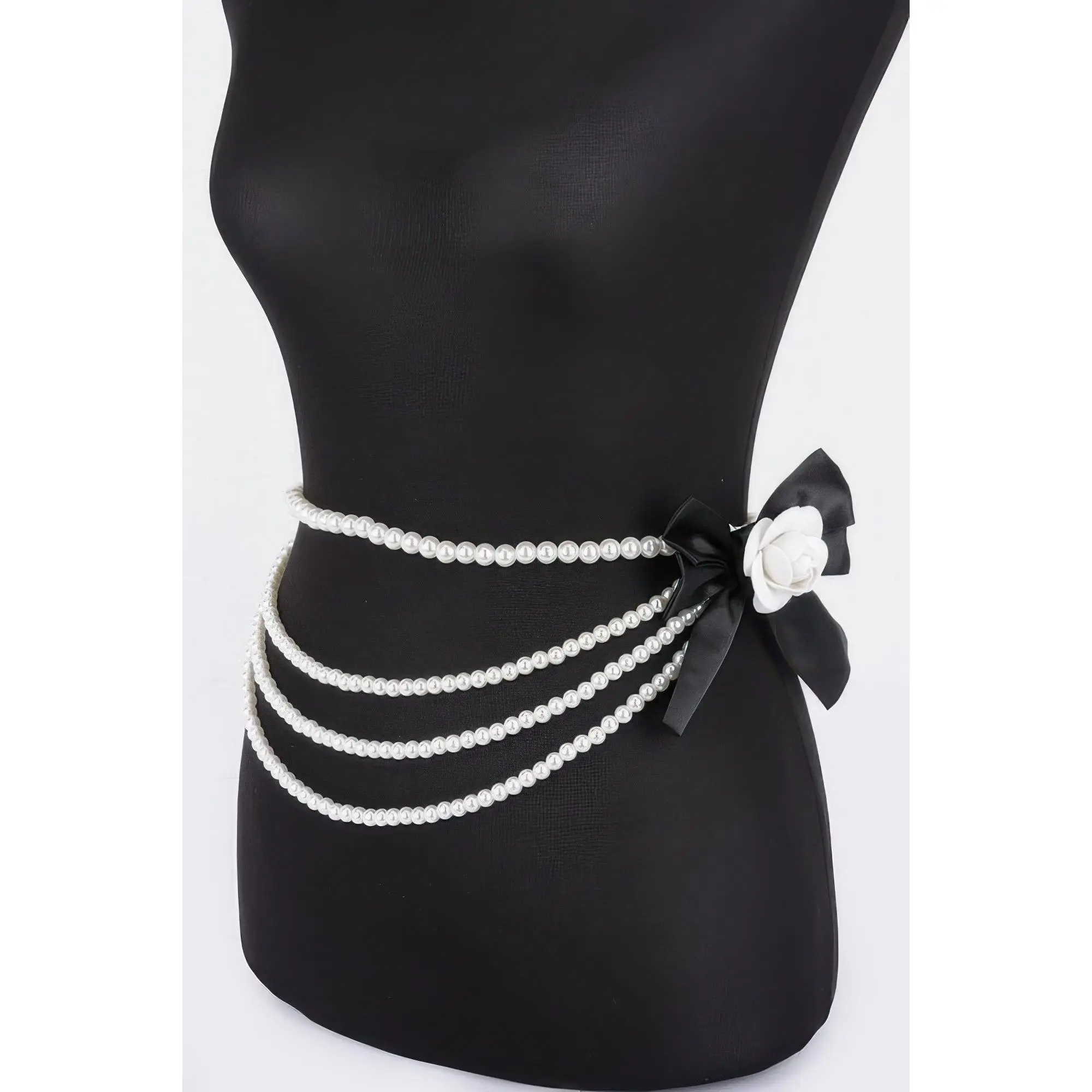 Layered Faux Pearl Flower Ribbon Belt
