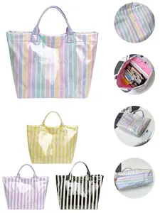 Summer Fresh Transparent Striped Tote Bag PVC Waterproof Material Perfect for Beach Vacation Versatile Womens Handbag