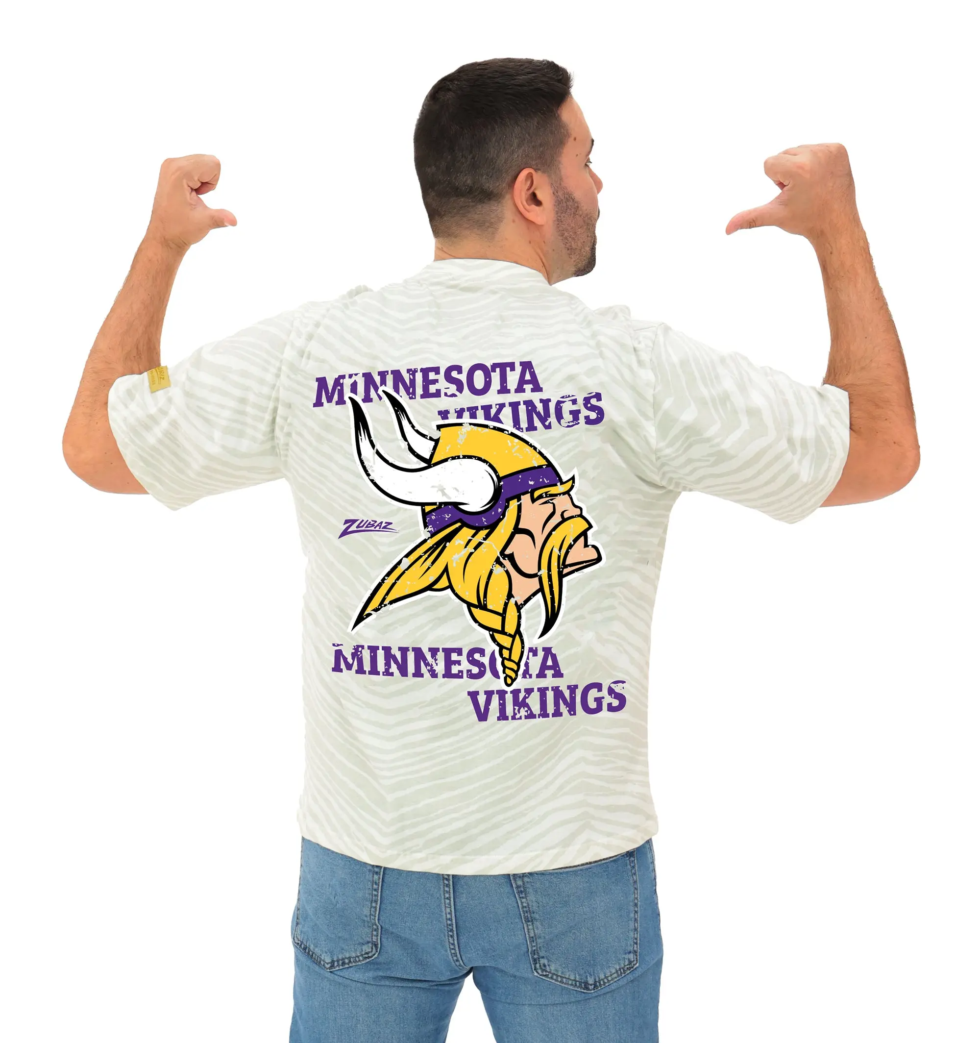 Zubaz NFL Unisex Adult Vintage 90s Full Back Zebra 2 Color Tonal All Over Short Sleeve T-Shirt, Minnesota Vikings, X-Small
