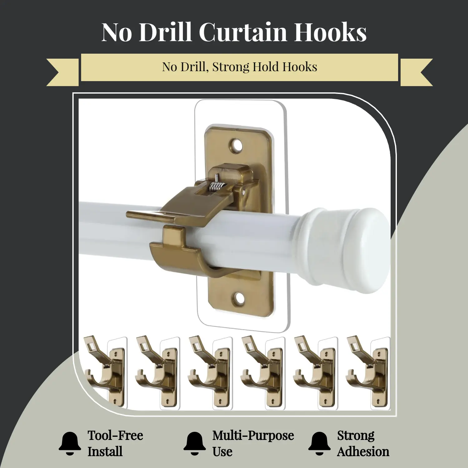 6-Pack No Drill Needed Curtain Rod Holders Brackets, Self Adhesive Rod Holder Hooks, Multipurpose Nail Free Stick on Curtain Rod Hooks-Transparent Rustic Brown