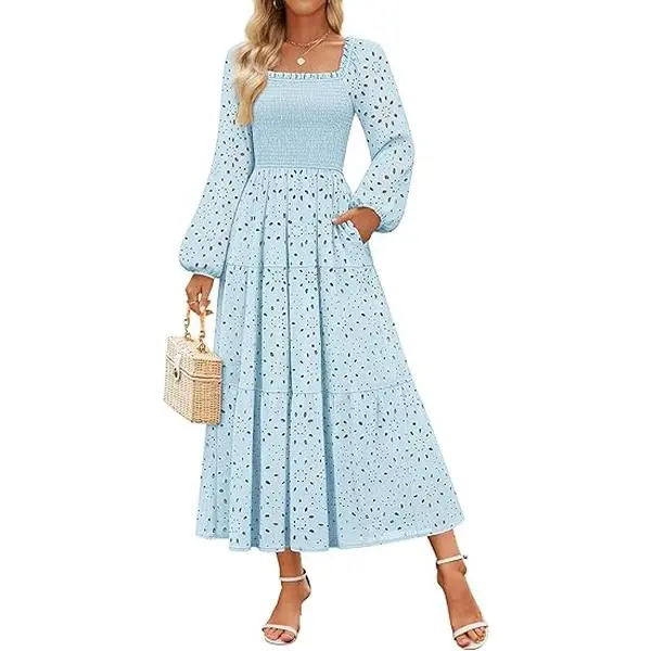 ZESICA Women's Eyelet Long Sleeve Maxi Wedding Guest Dresses | Square Neck Hollow Out A Line Cotton Cocktail Party Dress, Side Pockets, Flowy Formal Long Dresses, 2026 Fall Winter Outfits