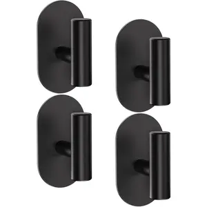Black Adhesive Hooks Heavy Duty, Wall Hooks for Shower, Bathroom, Towel, Coat, Robe, Stainless Steel Hooks for ,  & Rustproof Sticky Hooks for Walls No - 4 Pack