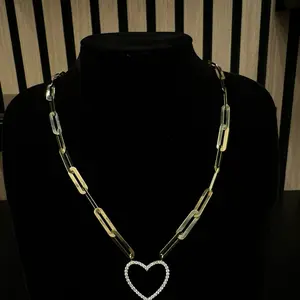 Women's Paper Clip Chain Necklace with Heart Pendant