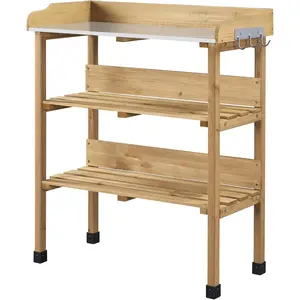 Potting Bench Table w/Metal Tabletop for Garden, Fir Wood Workstation w/3 Tier Shelves, Outdoor Work Bench w/Hook Natural Wood