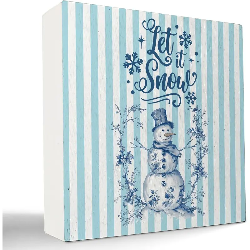 Blue Chinoiserie Christmas Snowman Wooden Sign, Snowman Christmas Decor, Let it Snow Xmas Winter Snowflake Wood Box Sign for Home Office Desk Tabletop Shelf Wall Decorations, 5x5 Inch