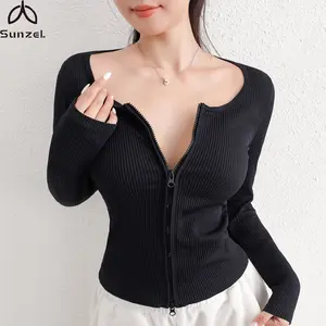 Sunzel Ribbed Long Sleeve Shirts for Women Crewneck Tight Seamless Front Double Zip Up Quick-Dry Yoga Tops