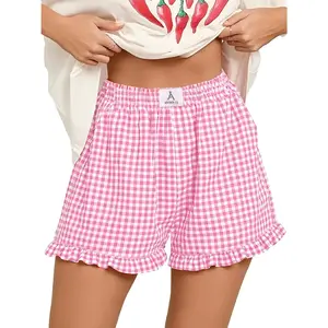 Womens Ruffle Boxer Shorts Pajama Gingham Shorts Summer Casual Lounge Sleep Plaid Beach Bottoms Pockets Trendy2026