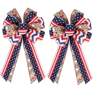 Tenn Well 2PCS Patriotic Wreath Bow, Flag Star Striped Ribbon Bow for Door Wreath 4th of July Memorial Day Decor, Includes Fluffing Tool for Easy Shaping(11.8x17.8 Inch)