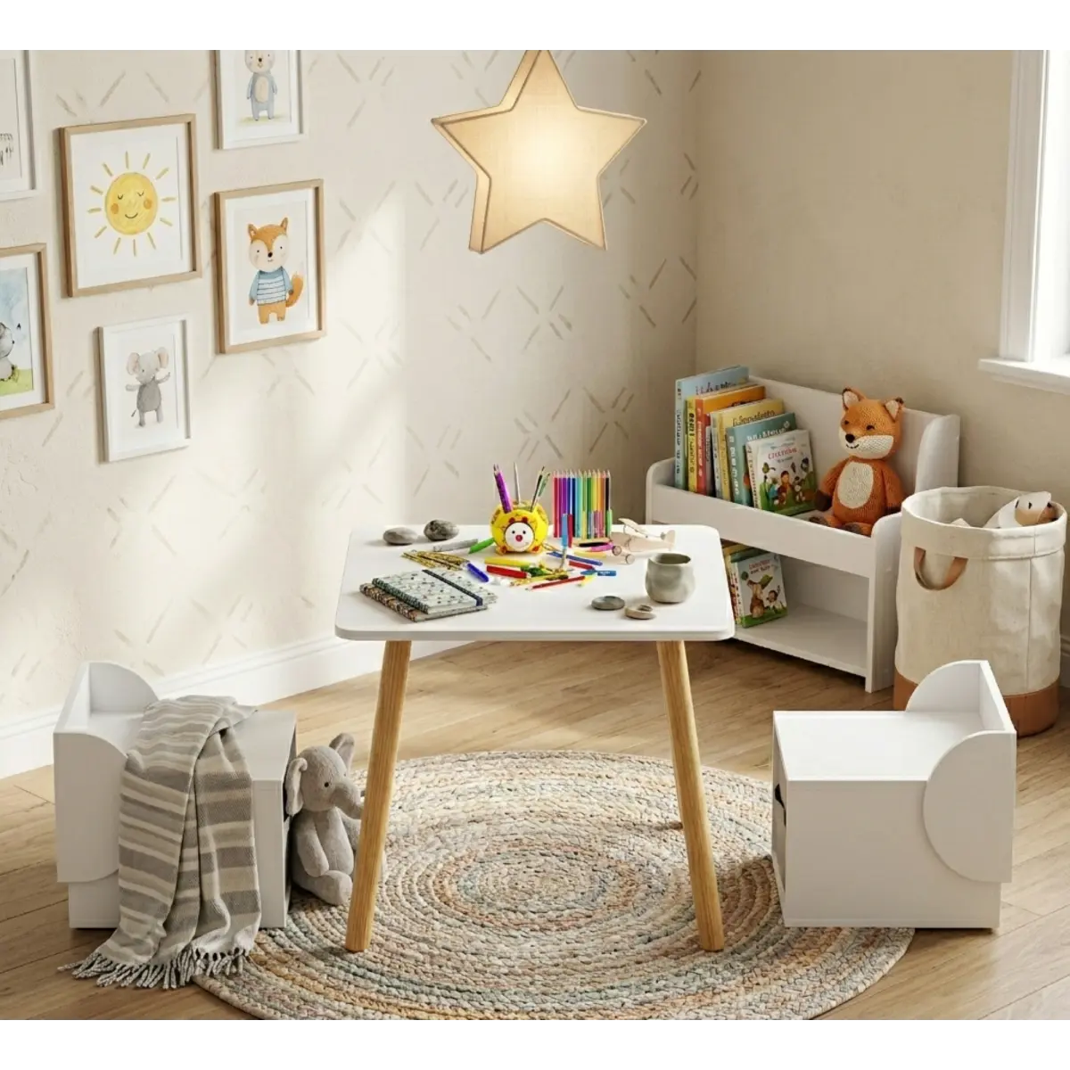 Scandinavian Kids Wood Table and Chairs Set - 3-Piece Square Dining Table, 2 Child-Safe Nesting-Stackable Chairs with Storage Bins, 33.15 lbs Solid Scandi Look Toddler Indoor Furniture for Arts & Crafts (White & Natural)