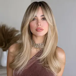 SMILCO/24-inch Brown-gold Gradient Loose Curly with Bangs Synthetic Wigs for Daily Natural Look/SM442