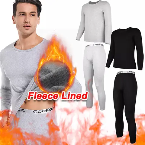 Cattibor Men's 2-Piece Thick Fleece Lined Plain Thermal Underwear Set - Menswear Top & Bottom Base Layer Undergarments, Thermal Menswear for Autumn Winter, Men's Pajamas