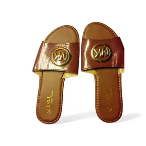 D&L Bright Future Brown Leather Slippers with Gold Logo and Comfortable Design Footwear Women Girl