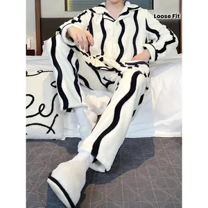 Men'S Casual Striped Polyester Pajama Set - Long Sleeve Lapel Top & Pants with Pockets, Slight Stretch Knit Fabric, Loose Fit, Fall/Winter Warm Flannel Loungewear Set - For Men - Perfect for Relaxing at Home - Ideal Gift for Father's Day & Holidays