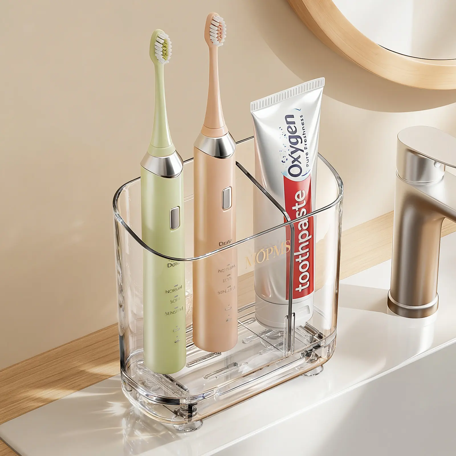 Durable Modern Toothbrush Holder with Drainage - Transparent, Movable, 2-Slot Wall-Mount & Countertop Organizer with Multiple Sections, Easy-Clean Divider for Electric Toothbrushes & Toothpaste (Bathroom Use)