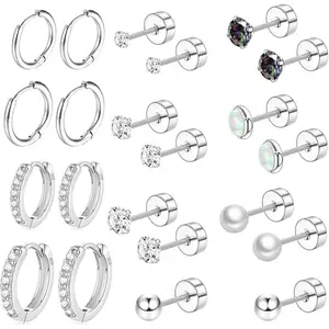 Flat Back Earrings Set for Women, Surgical Steel Hypoallergenic Cartilage Huggie Hoop Studs