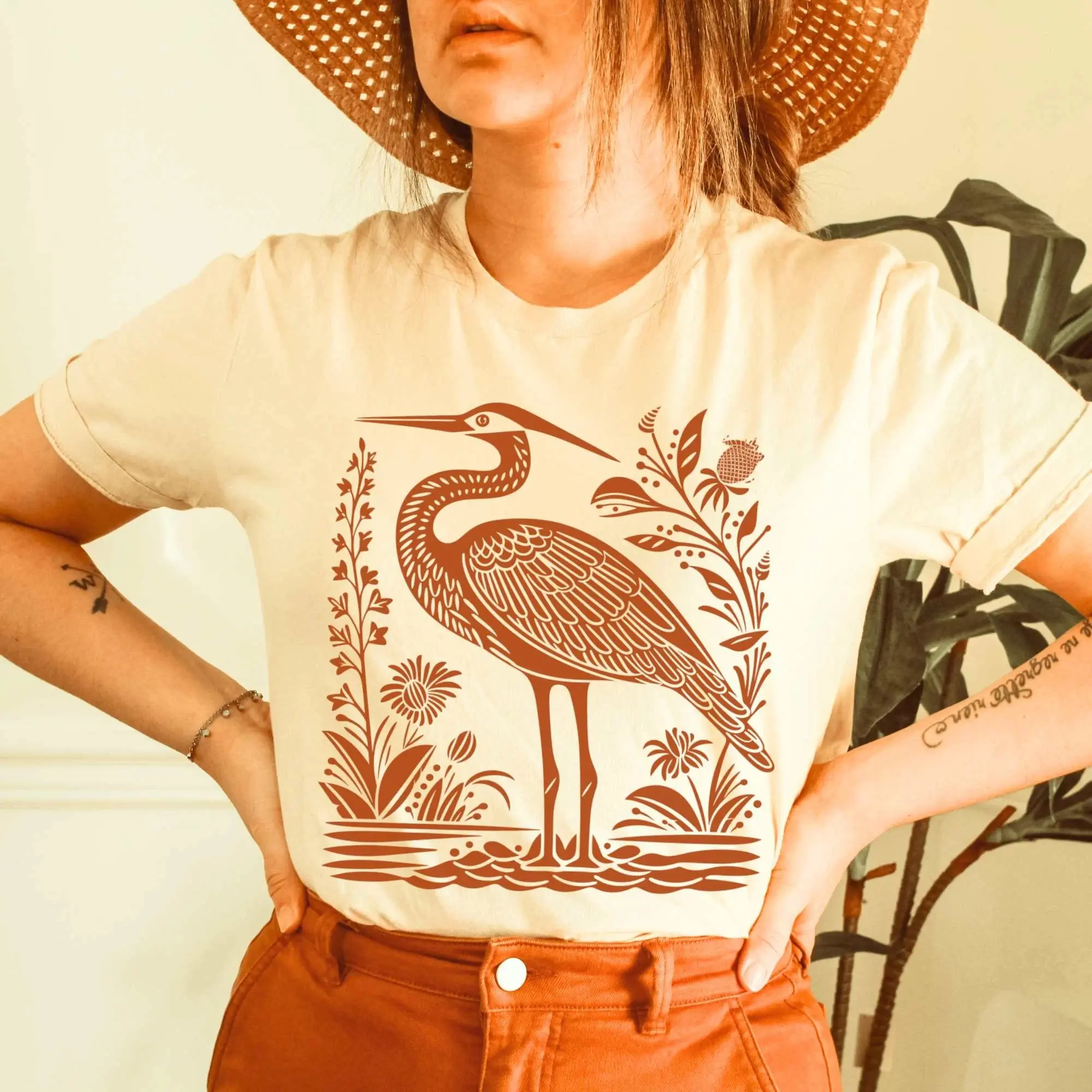 Comfort Colors Heron Shirt Linocut Shirt Great Blue Heron Bird Lover Shirt Hippy Clothes Granola Girl Antique Folk Art Avian Aviary Gift Block Print Shirt