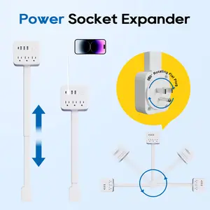 [Security Upgrade] 17.52"–25.6" Extendable Electrical Outlet Extender Stick with Hook & Loop Mounting & Rotating Flat Plug — Multi-Port Power Socket Expander for Behind Furniture, Safety Switch & Surge Protection, 3 AC + 3 USB-A + 1 USB-C #multiple outlet