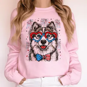 Husky Patriotic Dog, USA, America, Pet Lover, 4th of July Sweatshirt, Crew Neck, Women's, Crewneck