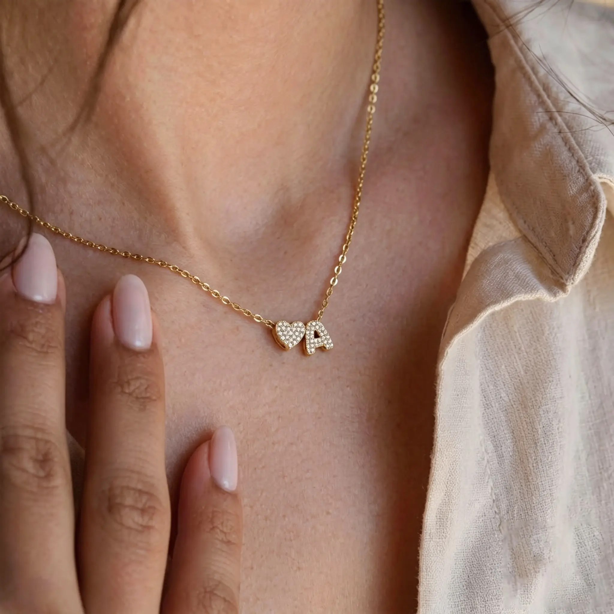 Bubble Heart Initial Necklaces for Women, 14K Gold Plated Tiny A-Z Letter Pendant Choker Dainty Pave CZ Monogram Jewelry Gifts Valentines Gift