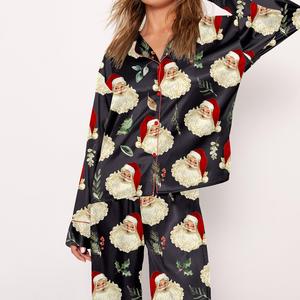 SHESHOW Christmas Vintage Santa Pajama Set For Women Print Comfy Satin Sleepwear & Loungewear Pjs Printing Silky Top & Bottoms