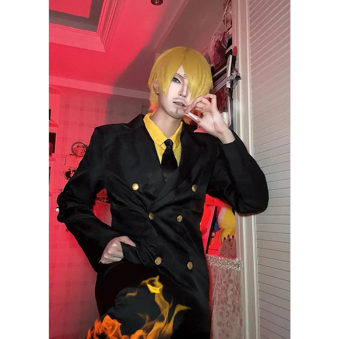 Anime One Piece Sanji Cosplay Costume Blue Yellow Shirt Suit Uniforms Full Set Halloween Party Role Play Outfit for Adult Men