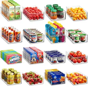 NEW Set Of 16 Refrigerator Organizer Bins - Plastic Pantry Organization and Storage Baskets - Stackable Food Fridge Organizers with Cutout Handles for Freezer, Kitchen, Countertops, Cabinets