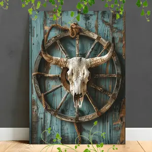 Rustic Western Cow Skull & Wagon Wheel Canvas Art - Aged Wood Frame, Perfect for Home Decor, Anniversaries, Birthdays, Perfect for Room Decor