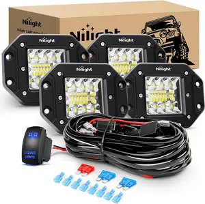 Nilight 4PCS 42W Flush Mount LED Pods Spot Flood Combo Beam Driving Light Backup Light Reverse Light Grill Mount Light with 16AWG LED POD Lights Wiring Harness Kit -4 Leads Triple Row dealsforyoudays Under Dash Lighting Underglow Car