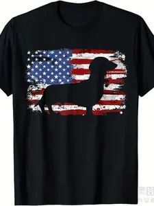 Men's & Women's Dachshund Weiner Vintage American Flag T-Shirt - Retro Dog Lover Tee with Dachshund Print, 220GSM Pure Cotton, Casual Round Neck Shirt for Year-Round Wear (Black/White) - Perfect Gift
