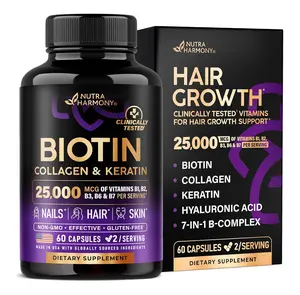 Biotin | Collagen | Hyaluronic Acid | Keratin - Hair Growth & Strength Support Vitamins - Skin & Nails Supplement - Clinically Tested for Men & Women - 25000mcg Vitamins B1, B2, B3, B6 & B7 - 60 Caps