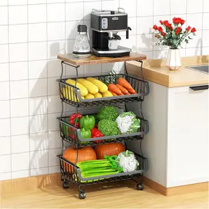 4 Tier Stackable Metal Wire Fruit Vegetable Storage Baskets with Wheels for Kitchen Organizer