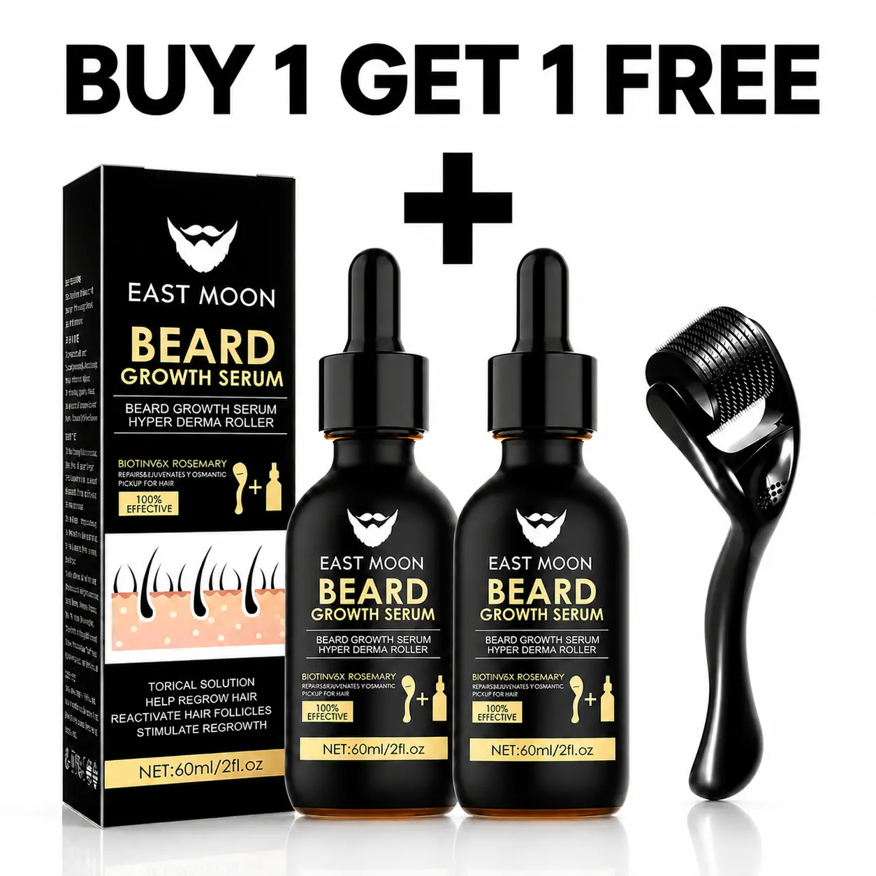 [BUY 1 GET 1 FREE] EAST MOON Beard Growth Serum & Derma Roller Kit, Beard Care Nutritional Oil, Making Beards Thicker and More Shiny, Daily Beard Care Products for Men, Holiday Gifts, Father's Day Gifts