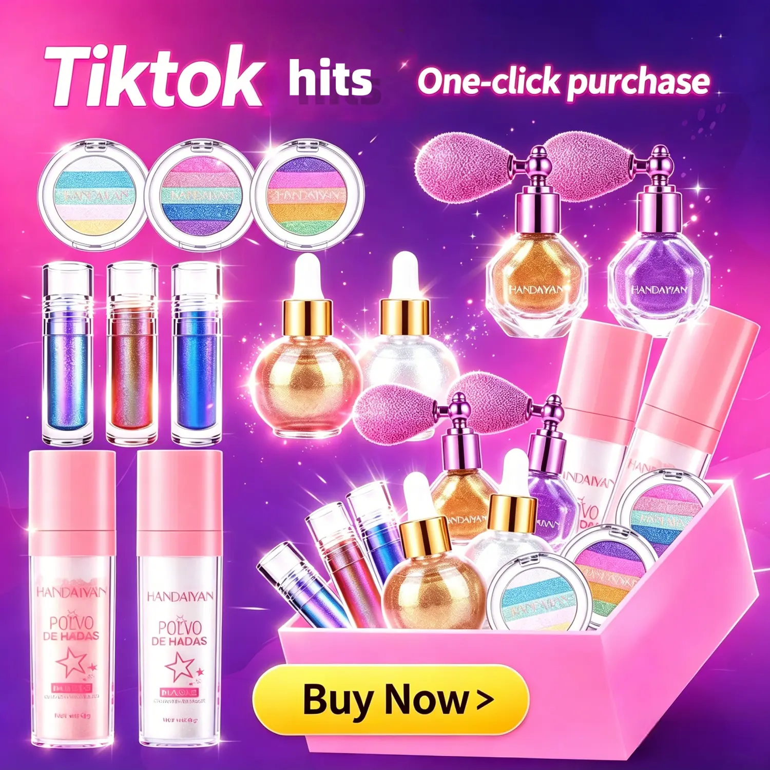 Iridescent Glitter Makeup Set, 4-Piece Cosmetic Kit with Patting Highlighter Powder, Glitter Spray, Chameleon Eyeshadow & Liquid Shimmer for Face, Body, and Hair, Smooth, Beauty Sets, Christmas, Rainbow, Party, Adults, Kit Pack