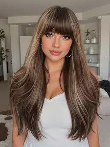24-Inch Gradient Layered Women's Wig, Natural Look, Versatile Daily Wear, Loose Fit, Suitable for Work, Ceremonies, Synthetic Hair, Ombre Layered Wigs