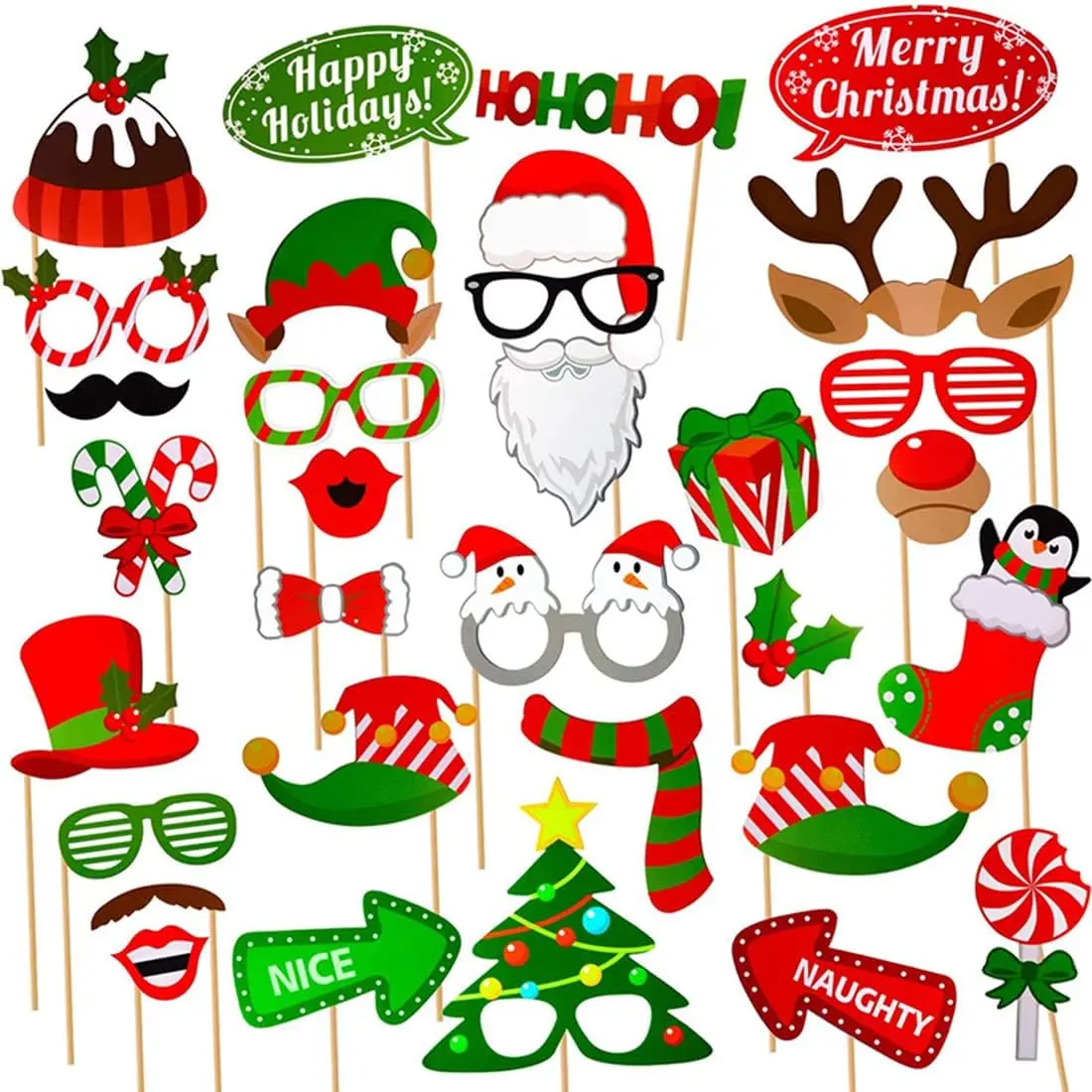 32PCS Christmas Photo Booth Props Set – Fun Holiday Party Decorations for Kids & Adults, Christmas Selfie Props, Xmas Party Favors & Supplies